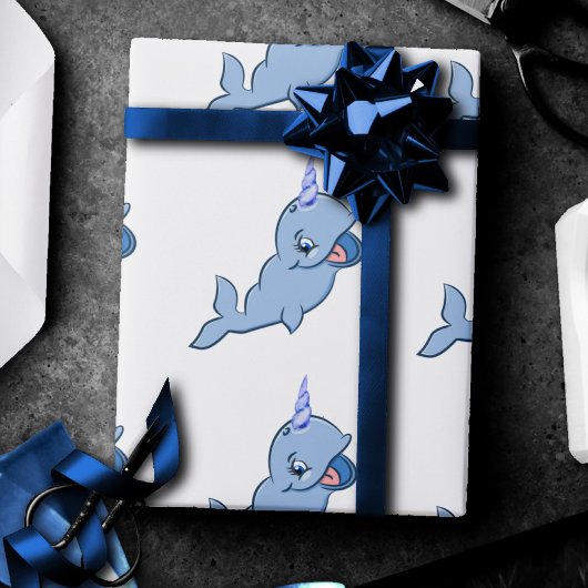 Narwhal Blue | Schattige Baby Kawaii Ocean Shower Cadeaupapier