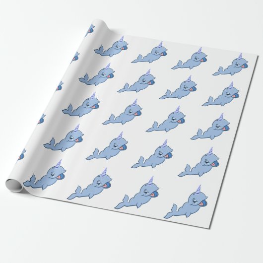 Narwhal Blue | Schattige Baby Kawaii Ocean Shower Cadeaupapier (Uitgerold)