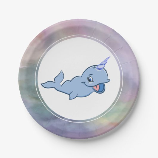Narwhal Blue | Schattige Baby Kawaii Ocean Shower Papieren Bordje (Voorkant)