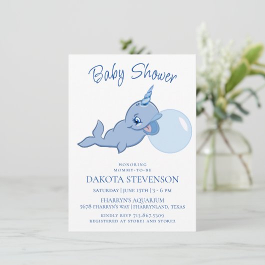 Narwhal Blue | Schattige Bubble Gum Baby Kawaii Kaart (Staand voorkant)