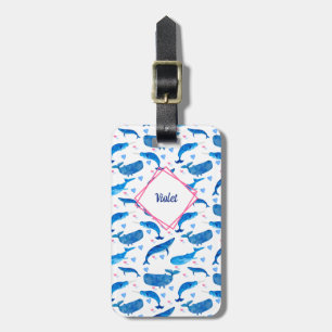 Narwhal Blue Whale & Heart Pattern, gepersonalisee Bagagelabel