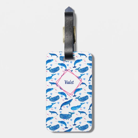 Narwhal Blue Whale & Heart Pattern, gepersonalisee Bagagelabel (Achterkant verticaal)