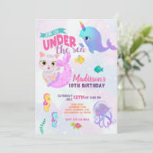 Narwhal Cat Mermaid Purrmaids Birthday Uitnodiging (Staand voorkant)