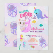 Narwhal Cat Mermaid Purrmaids Birthday Uitnodiging (Voorkant / Achterkant)
