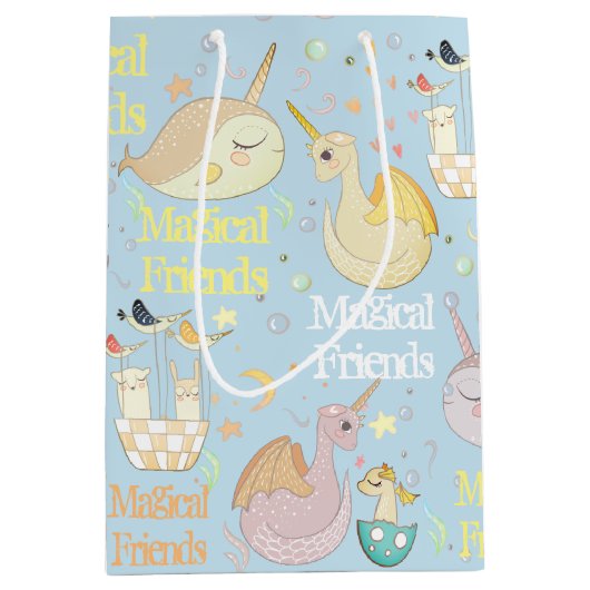 Narwhal en Dragon Friends Baby Blue Aangepast kind Medium Cadeauzakje (Voorkant)