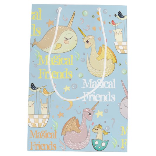 Narwhal en Dragon Friends Baby Blue Aangepast kind Medium Cadeauzakje (Achterkant)