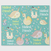 Narwhal en Dragon Friends Blauwgroen gepersonalise Cadeaupapier (Vlak)