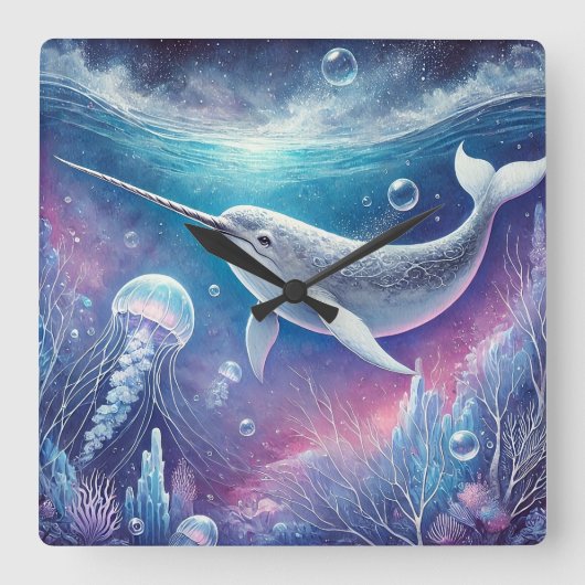 Narwhal Fantasy Vierkante Klok (Voorkant)