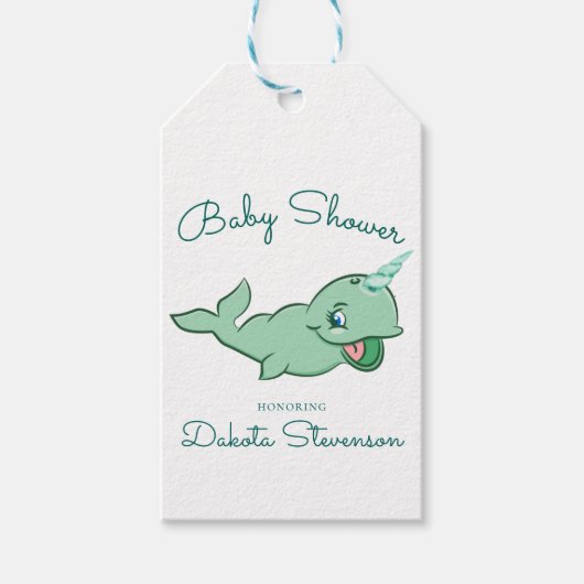 Narwhal Green | Cute Mint Chibi Cartoon Shower Cadeaulabel (Voorkant)