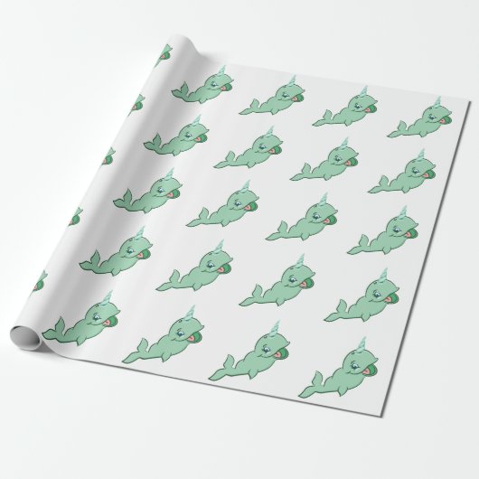 Narwhal Green | Cute Mint Chibi Cartoon Zee Party Cadeaupapier (Uitgerold)
