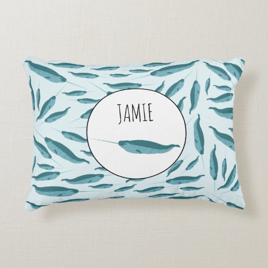 Narwhal in Blue Ocean Pattern Accent Kussen (Voorkant)