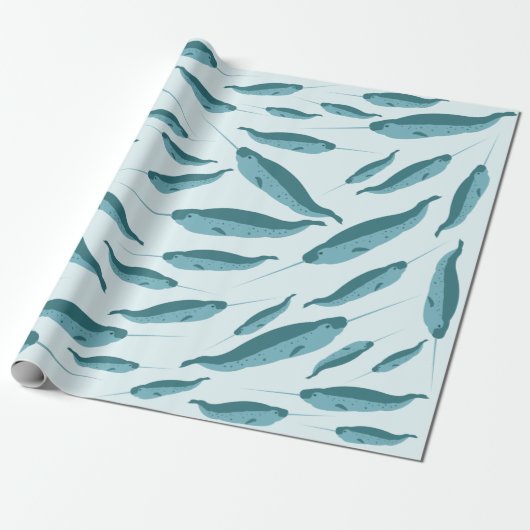 Narwhal in Blue Ocean Pattern Cadeaupapier (Uitgerold)