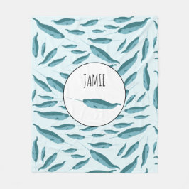 Narwhal in Blue Ocean Pattern Fleece Deken