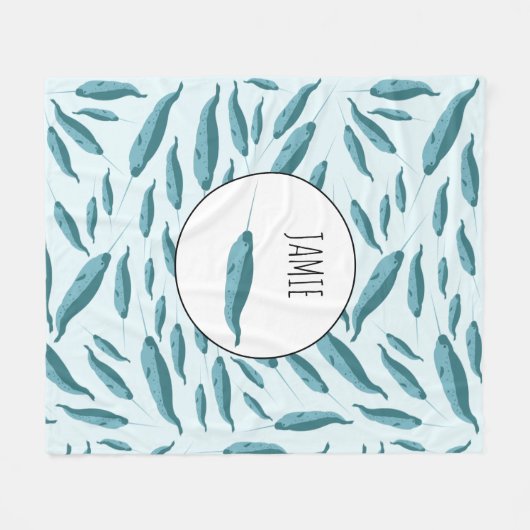 Narwhal in Blue Ocean Pattern Fleece Deken (Voorkant (Horizontaal))