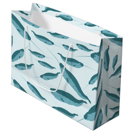 Narwhal in Blue Ocean Pattern Groot Cadeauzakje (Voorkant Gekanteld)