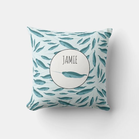 Narwhal in Blue Ocean Pattern Kussen (Voorkant)