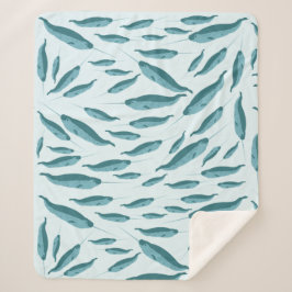 Narwhal in Blue Ocean Pattern Sherpa Deken