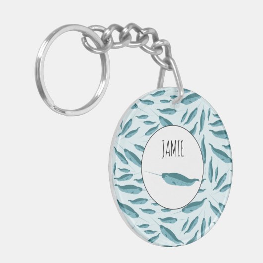 Narwhal in Blue Ocean Pattern Sleutelhanger (Voorkant Links)