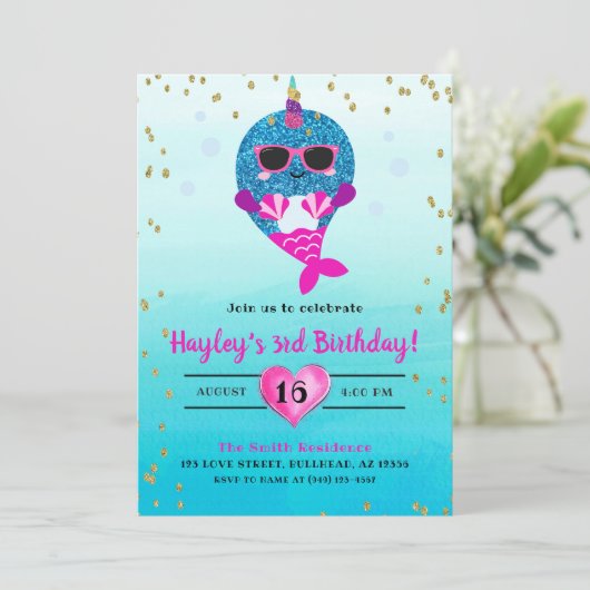 Narwhal Mermaid Girls Glitter Waterverf Summer Kaart (Staand voorkant)