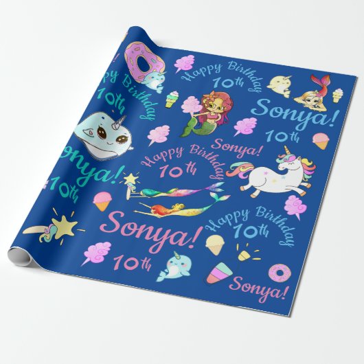 Narwhal, Mermaid, Unicorn Persoonlijke Naam, Leeft Cadeaupapier (Uitgerold)