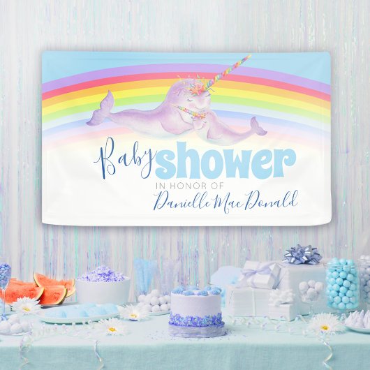 Narwhal moeder baby waterverf regenboog baby showe spandoek