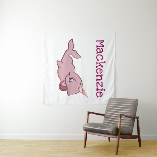 Narwhal Pink | Cartoon Girly Kawaii Chibi - Custom Wandkleed (In Situ (horizontaal))