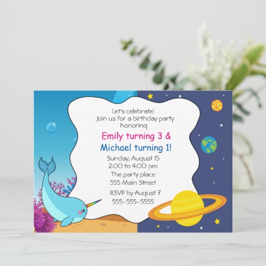 Narwhal planeten kinderen verjaardagsuitnodiging g kaart (Staand voorkant)