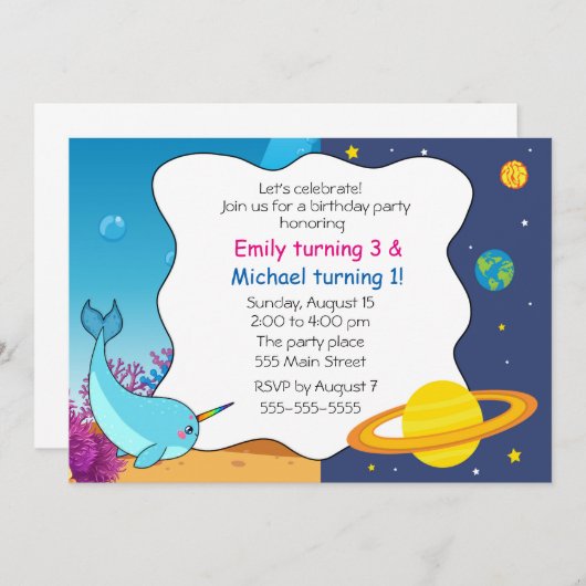 Narwhal planeten kinderen verjaardagsuitnodiging g kaart (Voorkant / Achterkant)