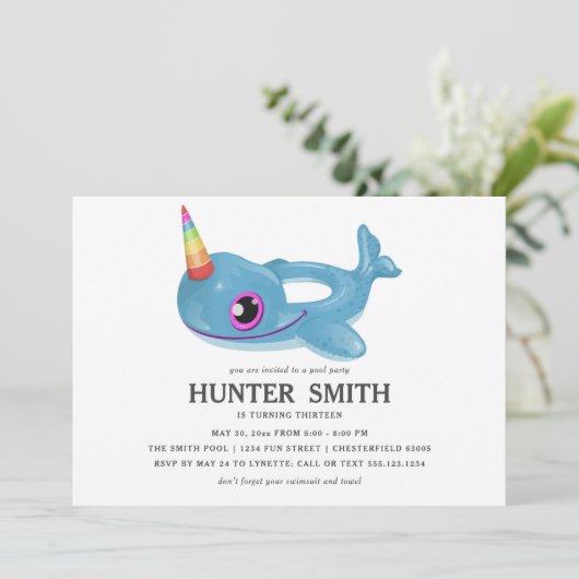 Narwhal Pool Float Birthday Pool Kaart (Staand voorkant)