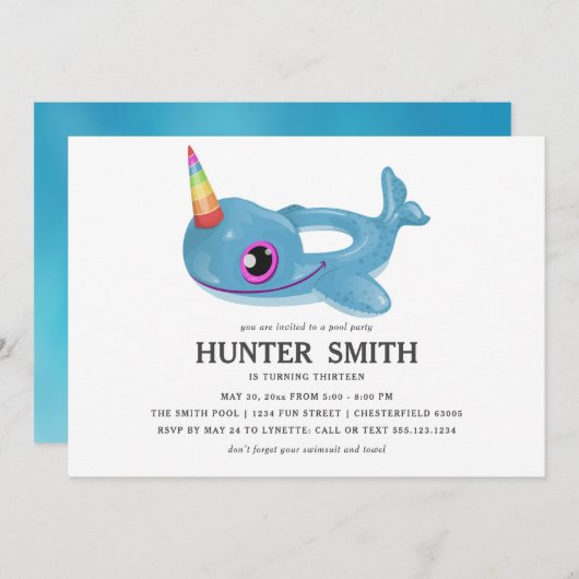 Narwhal Pool Float Birthday Pool Kaart (Voorkant / Achterkant)