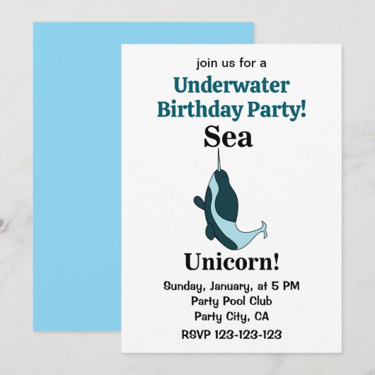 Narwhal Sea Unicorn Underwater Birthday Party Kaart (Voorkant / Achterkant)