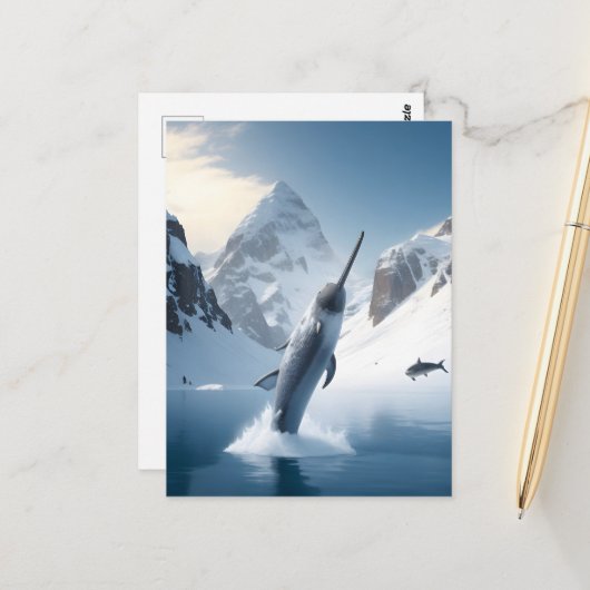 Narwhal springt uit het meer briefkaart (Voorkant / Achterkant in situ)