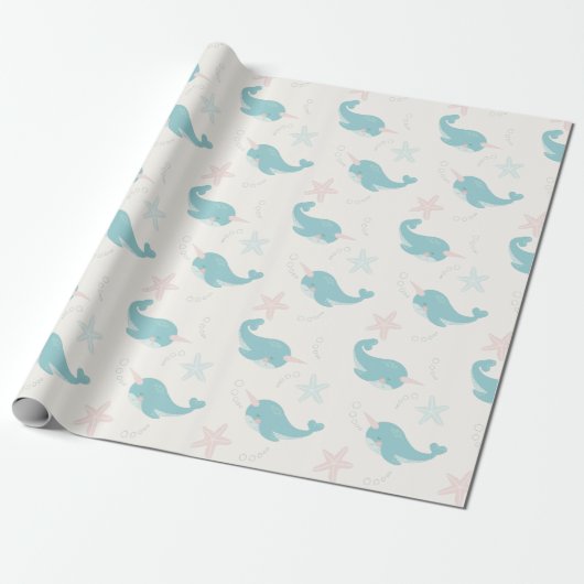 Narwhal & Starfish Patroon Wit Cadeaupapier (Uitgerold)