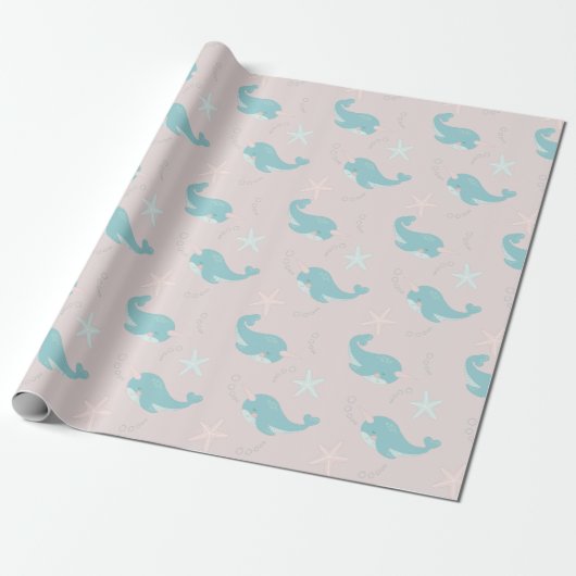Narwhal & Starfish Pattern Light Roze Cadeaupapier (Uitgerold)