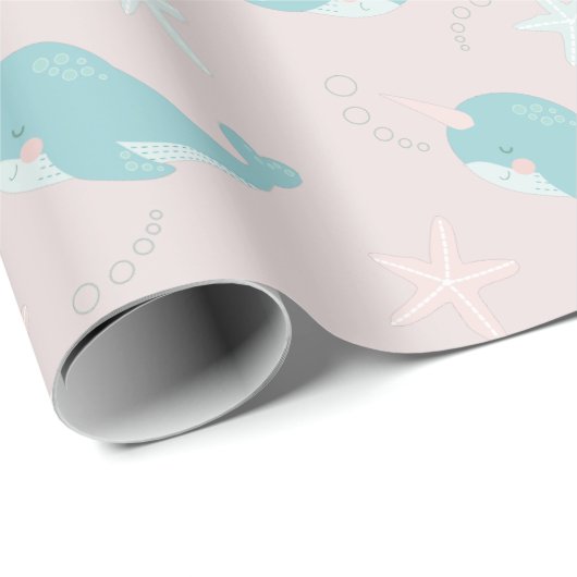 Narwhal & Starfish Pattern Light Roze Cadeaupapier (Rol Hoek)