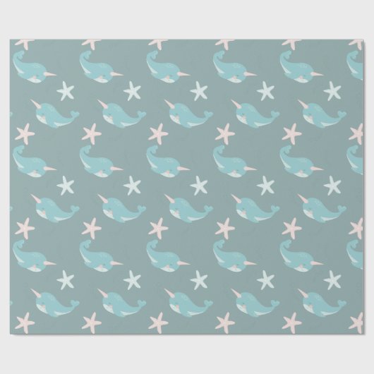 Narwhal & Starfish Pattern Zee Groen Cadeaupapier (Vlak)