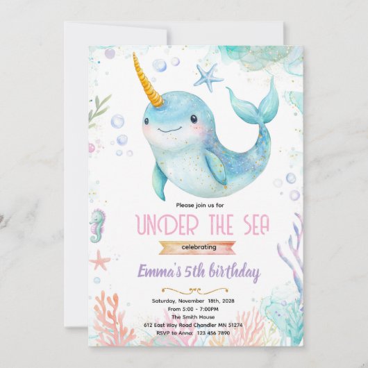 Narwhal theme party invitation kaart (Voorkant)
