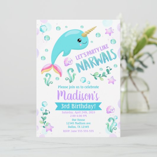 Narwhal Verjaardag Uitnodiging Magische Partij (Staand voorkant)
