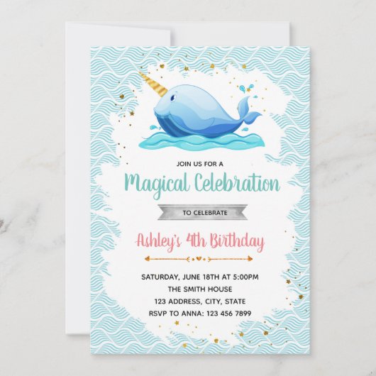 Narwhal verjaardagsfeestje uitnodiging (Voorkant)