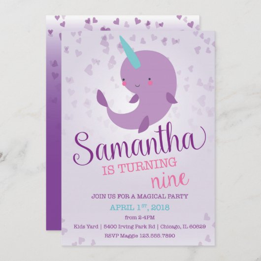 Narwhal verjaardagsuitnodiging kaart (Voorkant / Achterkant)