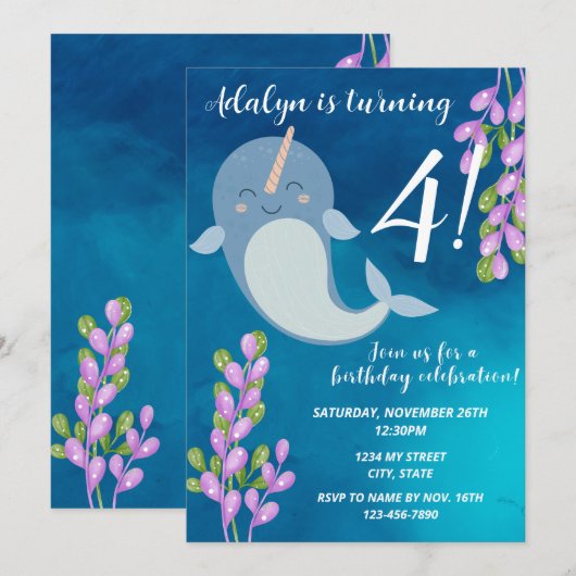 Narwhal verjaardagsuitnodiging kaart (Voorkant / Achterkant)