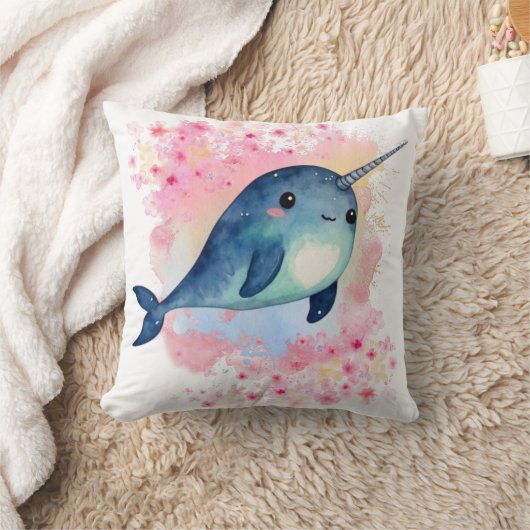 Narwhal Waterverf Bloemen Roze Print Kussen (Deken)