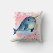Narwhal Waterverf Bloemen Roze Print Kussen (Voorkant)