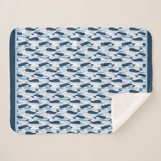 Narwhal Waves Allover Print Blue Sherpa Deken (Voorkant (horizontaal))