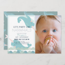 Narwhal Waves Zee Blue Boy 1st Birthday Foto Kaart