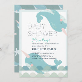 Narwhal Waves Zee Blue Boy Baby shower Kaart