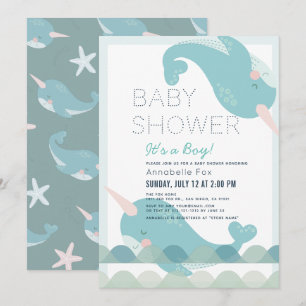 Narwhal Waves Zee Blue Boy Baby shower Kaart
