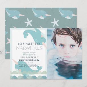 Narwhal Waves Zee Blue Boy Verjaardagsfoto Kaart