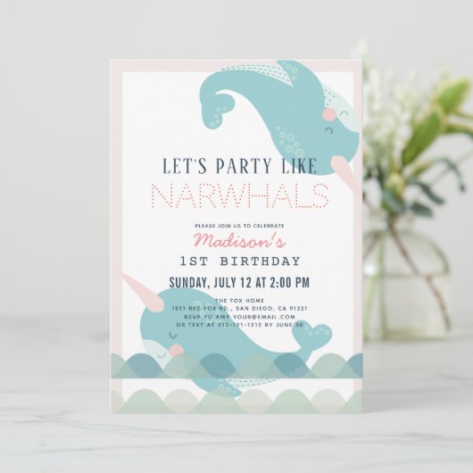 Narwhal Waves Zee Roze Meisje 1e Verjaardag Kaart (Staand voorkant)