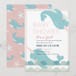Narwhal Waves Zee Roze Meisje Baby shower Kaart